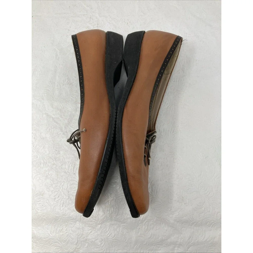 Vintage Ferragamo Shoes Womens 10 B Brown Black Trim Lace Up Oxford Flats Italy